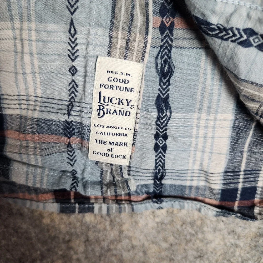 Lucky Brand Pearl Snap Western Shirt Men S Blue Scotch Plaid Short Sleeve Button